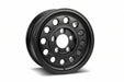 A black multi-hole steel wheel rim with a five-spoke center and a lip, shown at a three-quarter angle on a white background.