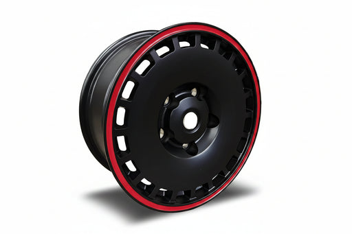 A black multi-spoke aftermarket car wheel rim with a thin red outer lip, 