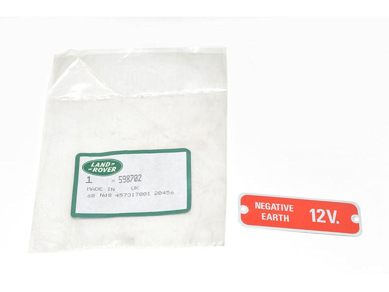 Warning Plate Negative Earth 12 Volt Series 2a-3 LR Genuine