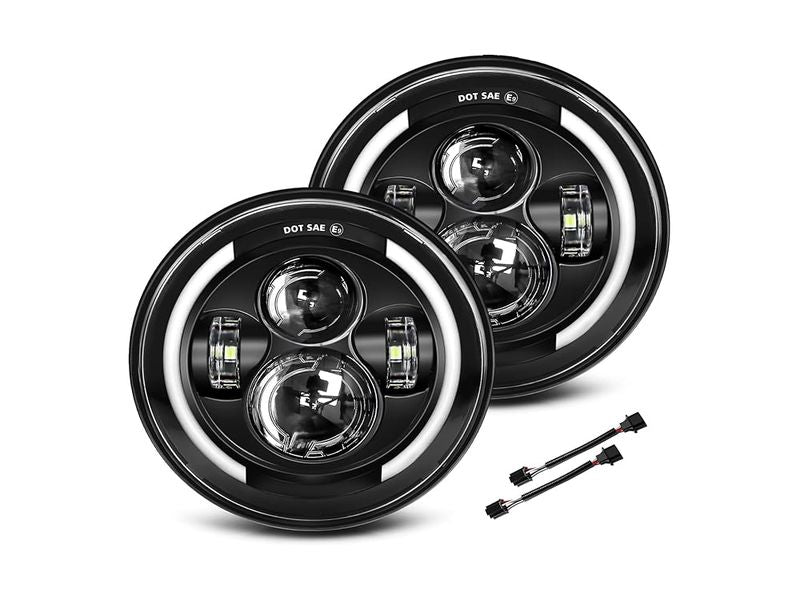 LED Headlamp Black H4 w/DRL and Amber Turn Signals Pair