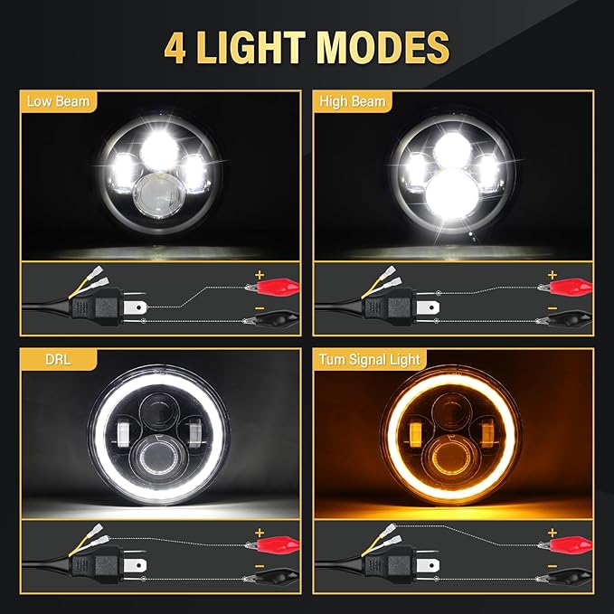 LED Headlamp Black H4 w/DRL Halo and Amber Turn Signals Pair