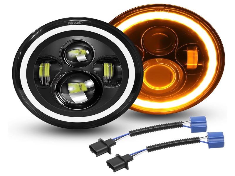 LED Headlamp Black H4 w/DRL Halo and Amber Turn Signals Pair